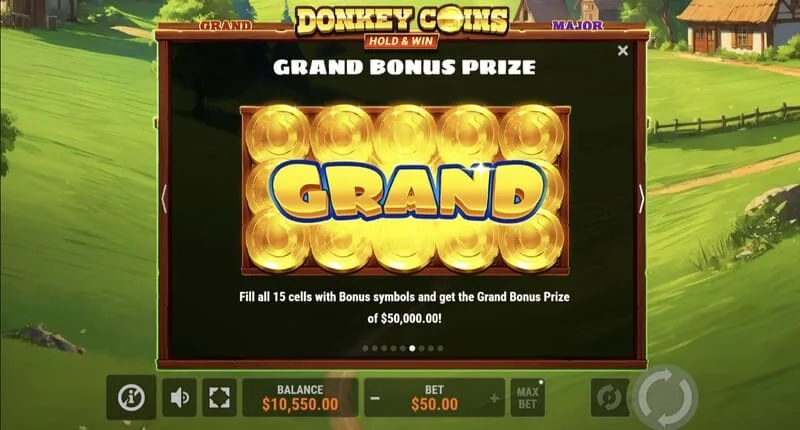 Donkey Coins Hold & Win - मिनी, माइनर, मेजर, ग्रैंड जैकपॉट के साथ स्क्रीन