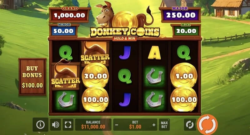 Donkey Coins Hold & Win - रीलों के साथ मुख्य स्क्रीन